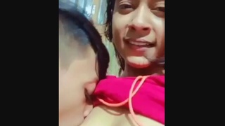 Horny teen with big boobs gives a blowjob in the woods
